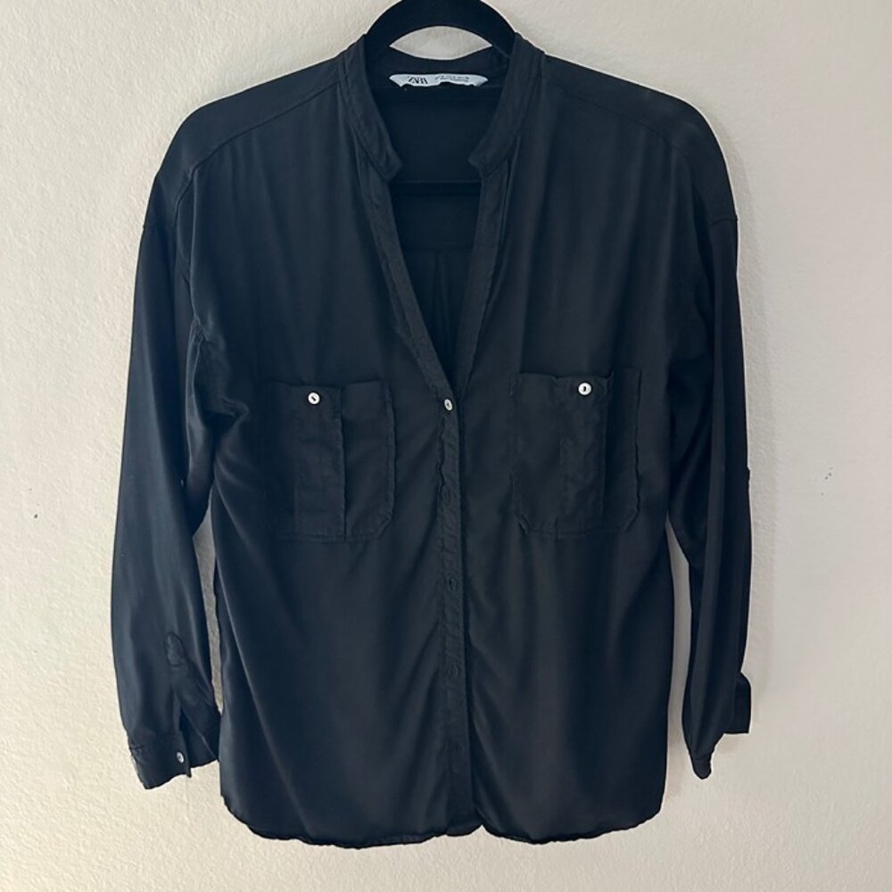 Zara Woman Black Button Down Long Sleeves Pocket Shirt Women's Medium